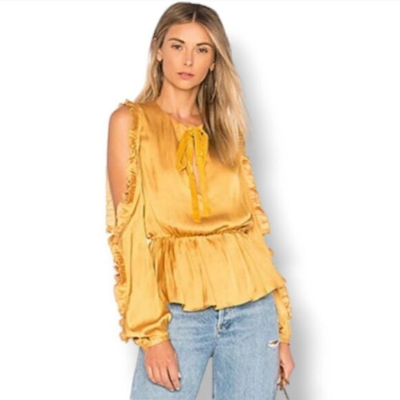 Tularosa Revolve Shilo Satin Open Sleeve Ruffle Blouse in Marigold Size XS - Picture 11 of 11